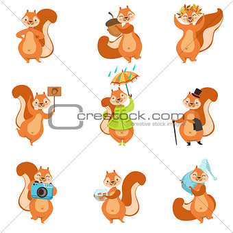 Squirrel Different Activities Set Of Girly Character Stickers