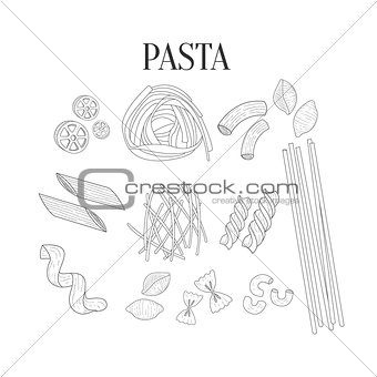 Italian Pasta Assortment Isolated Hand Drawn Realistic Sketches