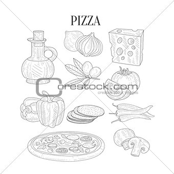 Pizza Ingredients Isolated Hand Drawn Realistic Sketches