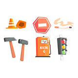 Road Sign, Cones, Hammers, Cigarette, Petrol Filling And Street Light