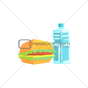 Burger And Water Lunch Set Items Cool Colorful Vector Illustration