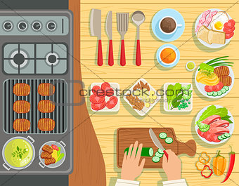 Cafe Grill Cooking Process Elements Set View From Above