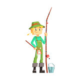 Fisherman With Fishing Rod Standing And Smiling
