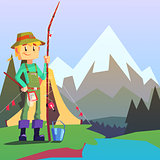 Fisherman Camping With The Mountain Landscape On The Background