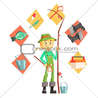 Fisherman With Fishing Equipment Icons Around Infographic Drawing