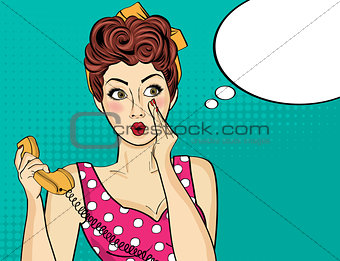 Surprised  pop art woman with retro phone, who tells her secrets