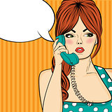 Pop art  woman chatting on retro phone . Comic woman with speech