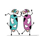Funny colorful cows dancing, sketch for your design