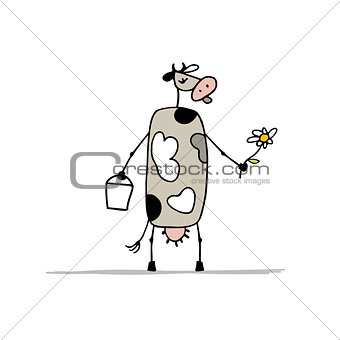 Cute cow with milk and flower, sketch