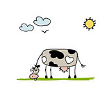 Cow grazing in meadow, sketch for your design