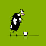 Funny bull with buckets of milk, sketch