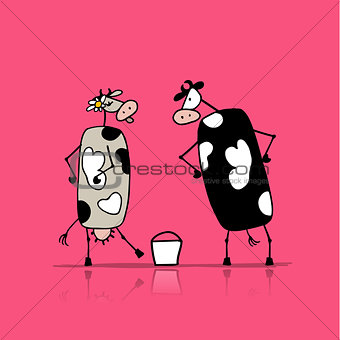 Funny bull and cows with buckets of milk, sketch