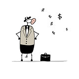 Funny bull businessman with suitcase, sketch