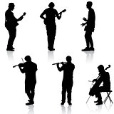 Silhouettes street musicians playing instruments. Vector illustration