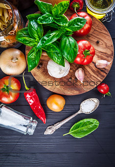 Italian food preparation pasta on wooden board