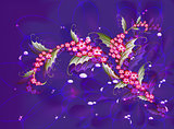 Abstract composition with branch of Sakura flowers on a dark blue background with stars, sparkles and drops of dew. EPS10 vector illustration