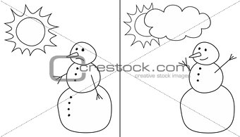 Happy and sad snowman illustrations isolated on white background