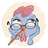 Blue Rooster head holding pencil in beak