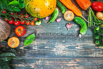 Harvest fresh vegetables autumn still-life on old