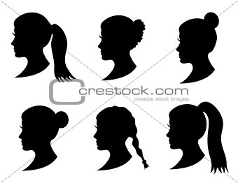 Set of black silhouette girl head with different hairstyle: tail, ponytail, bun, braid hairstyle. Young women face in profile with long hair. Isolated on white background. Vector illustration