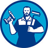 Bearded Handyman Cordless Drill Paintroller Circle Retro