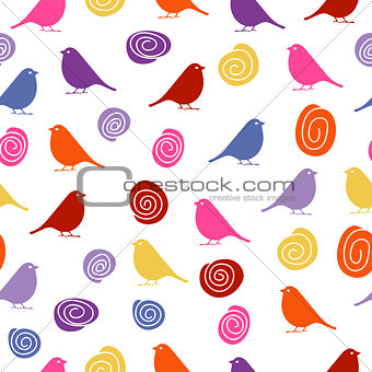 Colorful birds on white background, seamless pattern