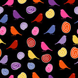 Colorful birds on black background, seamless pattern