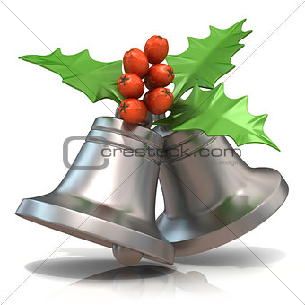 Silver Christmas bells with holly berries, 3D
