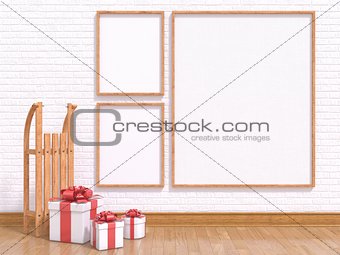 Mock up poster with wooden sledge and Christmas presents. 3D