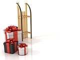 Standing, wooden sledge with Christmas presents, 3D