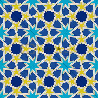 Vector Seamless Geometric Blue Yellow Islamic Pattern