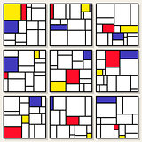 Set Of Nine Vector Square Compositions in Piet Mondrian De Stijl Style