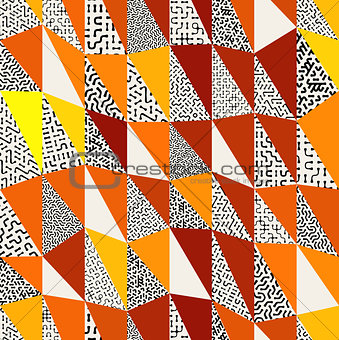 Seamless abstract vector collage of retro triangle quilt patterns in black, white, orange and yellow