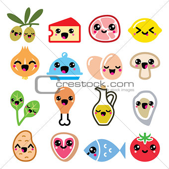 Kawaii cute food characters - meat, vegetables, diary icons set