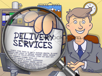 Delivery Services through Magnifying Glass. Doodle Design.