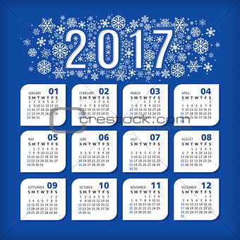 2017 blue calendar with stylized snowflakes