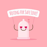 Vector emoji condom with poster about safe love. Cartoon sticker.