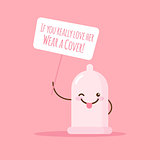 Vector emoji condom with poster about safe love. Cartoon sticker.