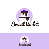 Vector cute white cake logo with chocolate and violet flower on the top. Wedding cake store logo. Sweets shop negative space logo.