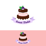 Vector cute pink cake logo with chocolate and violet flower on the top. Wedding cake store logo. Sweets shop logo.