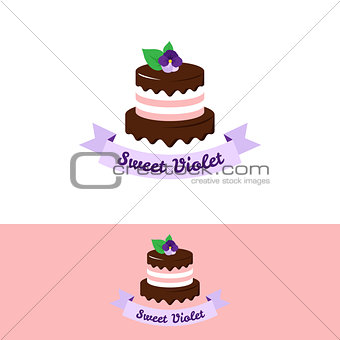 Vector cute pink cake logo with chocolate and violet flower on the top. Wedding cake store logo. Sweets shop logo.