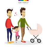 Vector gay couple love concept. Family of two men, daughter and baby in the cradle. Romantic illustration.