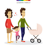 Vector lesbian couple love concept. Family of two women, daughter and baby in the cradle.