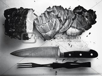 black and white image of steak meat food