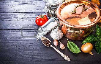 Preparation food copper pan with vegetables and