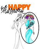 Girl looks in the mirror and sees a skeleton. Retro girl sketch. Happy halloween lettering. Vector illustration.