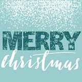 Merry Christmas grunge lettering design on blue background with white snow. Holiday lettering card.