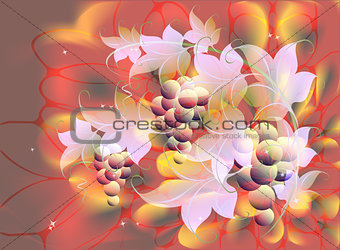 Decorative bunches of grapes and leaves on autumn background in red and orange shades. EPS10 vector illustration