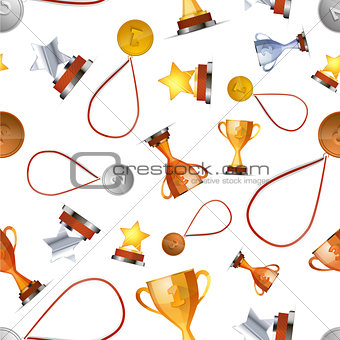 Winners awards with medals, cups and stars on white, seamless pattern