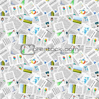 Typical office documents with graphics and diagrams in flat design style, chaotic seamless pattern